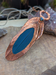 Copper Electroformed Blue Macaw Feather Necklace