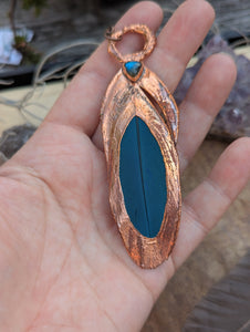 Copper Electroformed Blue Macaw Feather Necklace