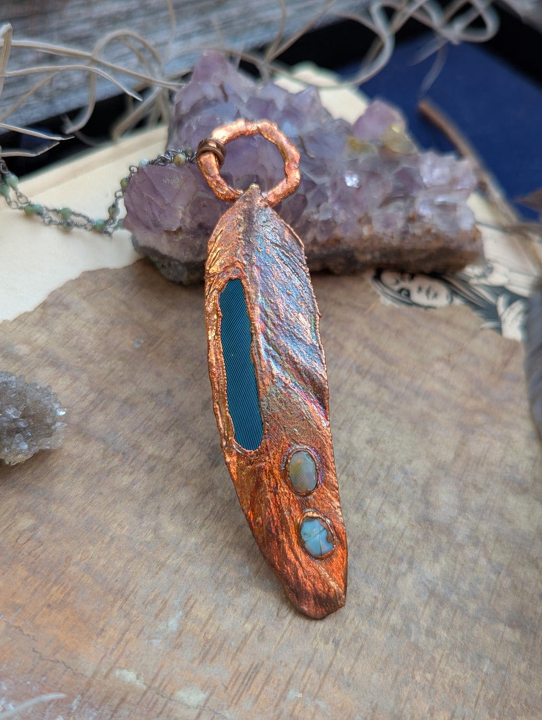 Copper Electroformed Blue Macaw Feather Necklace with Opal