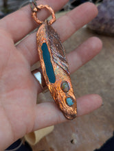 Load image into Gallery viewer, Copper Electroformed Blue Macaw Feather Necklace with Opal