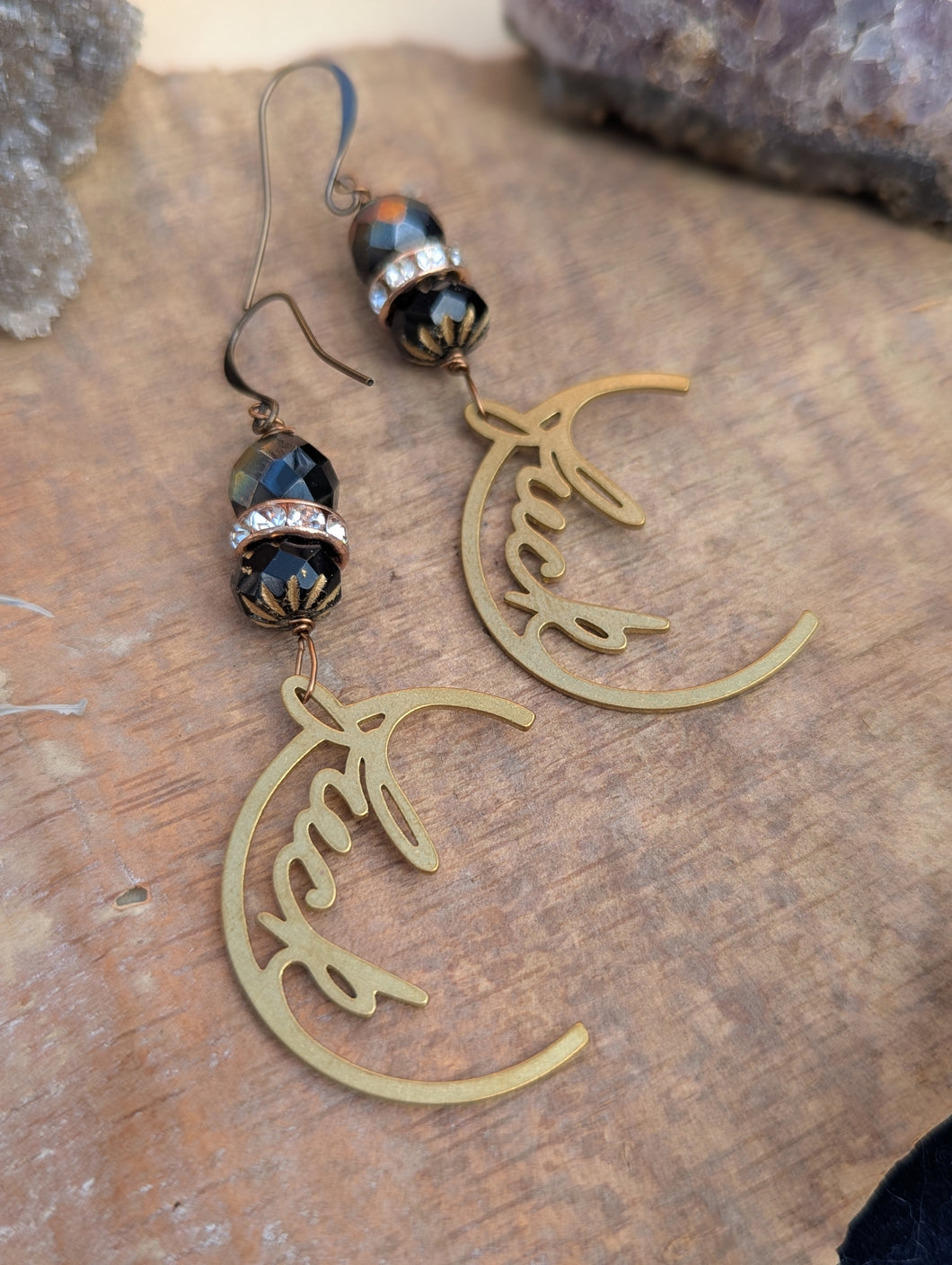 Brass Fuck Earrings with Black Czech Glass