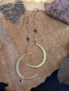 Hammered Moon Earrings with Peach Moonstone and Garnet