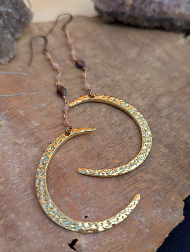 Hammered Moon Earrings with Peach Moonstone and Garnet