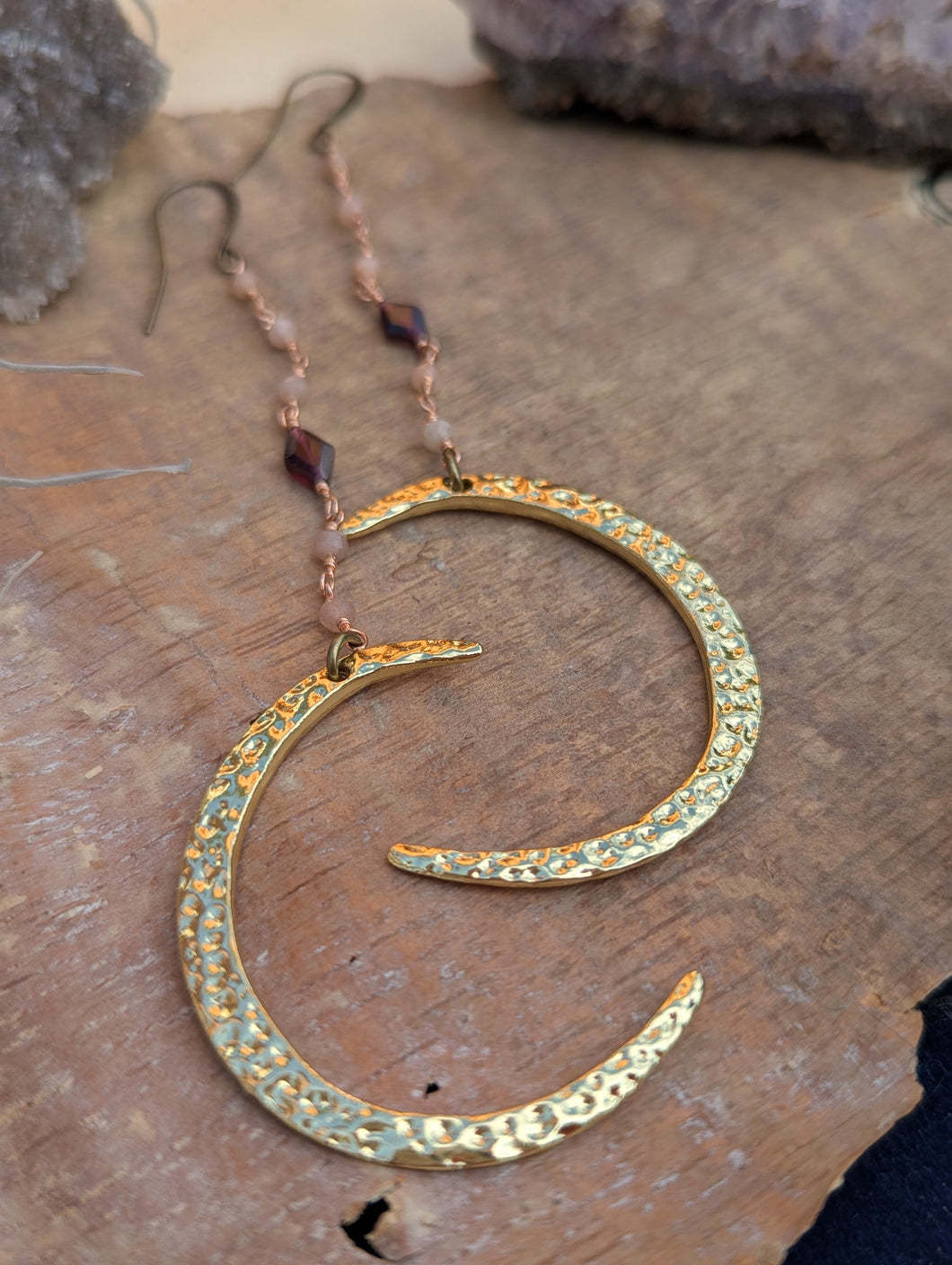 Hammered Moon Earrings with Peach Moonstone and Garnet