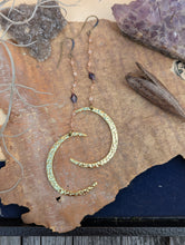 Load image into Gallery viewer, Hammered Moon Earrings with Peach Moonstone and Garnet