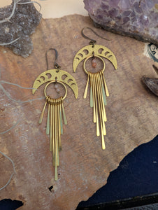 Brass Moon Phase Earrings with Paddle Fringe