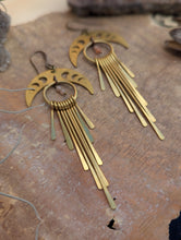 Load image into Gallery viewer, Brass Moon Phase Earrings with Paddle Fringe