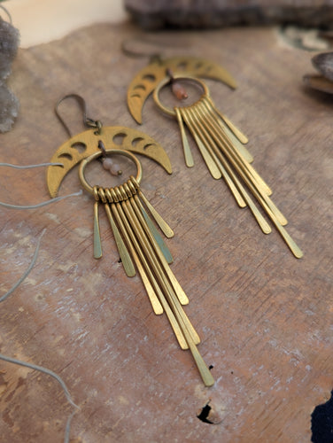 Brass Moon Phase Earrings with Paddle Fringe