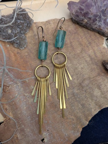 Brass Paddle Fringe Earrings with Recycled Glass Beads