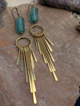 Load image into Gallery viewer, Brass Paddle Fringe Earrings with Recycled Glass Beads