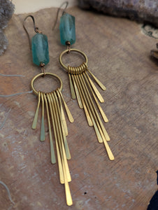 Brass Paddle Fringe Earrings with Recycled Glass Beads
