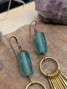 Brass Paddle Fringe Earrings with Recycled Glass Beads