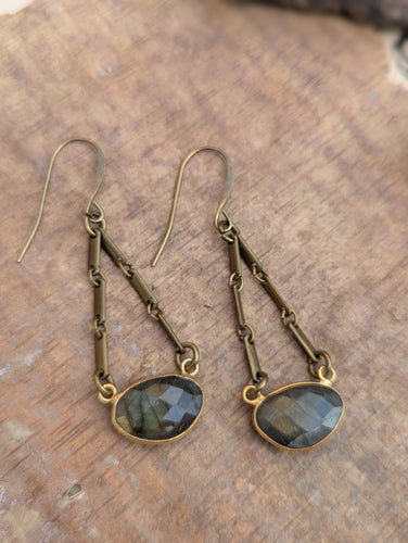 Faceted Labradorite Oval and Bar Chain Earrings