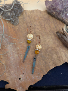 Carved Bone, Pumpkin Orange, and Verdigris Point Earrings