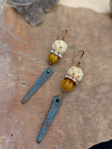 Carved Bone, Pumpkin Orange, and Verdigris Point Earrings