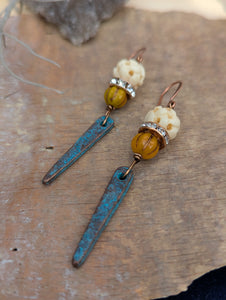 Carved Bone, Pumpkin Orange, and Verdigris Point Earrings