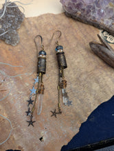 Load image into Gallery viewer, Etched Bullet Casing Shoulder Duster Earrings with Quartz Points