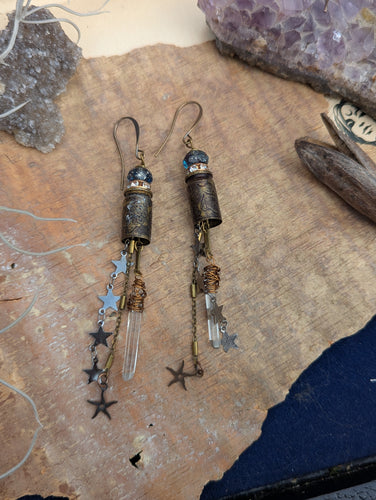 Etched Bullet Casing Shoulder Duster Earrings with Quartz Points