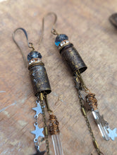 Load image into Gallery viewer, Etched Bullet Casing Shoulder Duster Earrings with Quartz Points