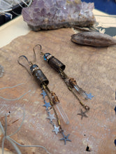 Load image into Gallery viewer, Etched Bullet Casing Shoulder Duster Earrings with Quartz Points