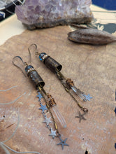 Load image into Gallery viewer, Etched Bullet Casing Shoulder Duster Earrings with Quartz Points