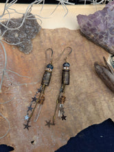 Load image into Gallery viewer, Etched Bullet Casing Shoulder Duster Earrings with Quartz Points