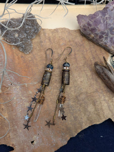 Etched Bullet Casing Shoulder Duster Earrings with Quartz Points