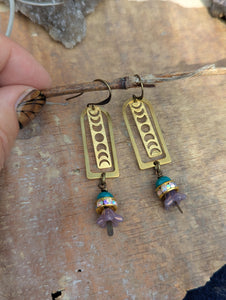 Brass Moon Phase and Flower Earrings