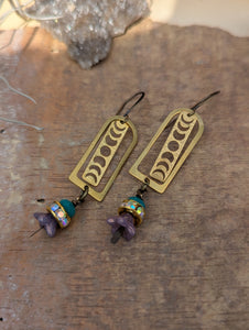 Brass Moon Phase and Flower Earrings