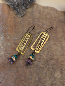 Brass Moon Phase and Flower Earrings