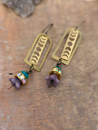 Brass Moon Phase and Flower Earrings