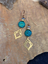 Load image into Gallery viewer, Brass Moroccan Motif Charm Earrings with Iridescent Dahlias
