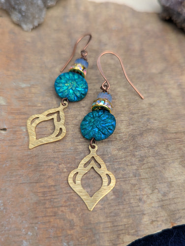Brass Moroccan Motif Charm Earrings with Iridescent Dahlias