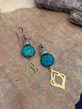 Load image into Gallery viewer, Brass Moroccan Motif Charm Earrings with Iridescent Dahlias