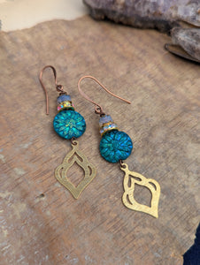Brass Moroccan Motif Charm Earrings with Iridescent Dahlias
