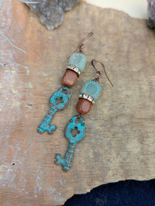 Verdigris Key Goldstone Earrings