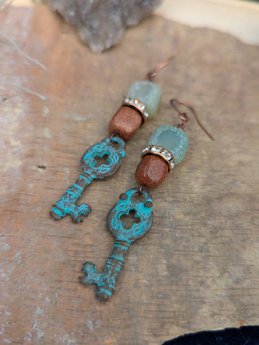 Verdigris Key Goldstone Earrings