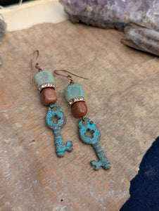 Verdigris Key Goldstone Earrings