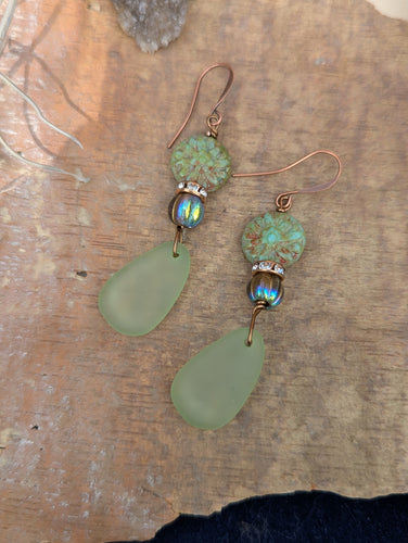 Faux Sea Glass and Dahlia Earrings