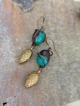 Load image into Gallery viewer, Chrysoprase and Pine Cone/Hops Earrings