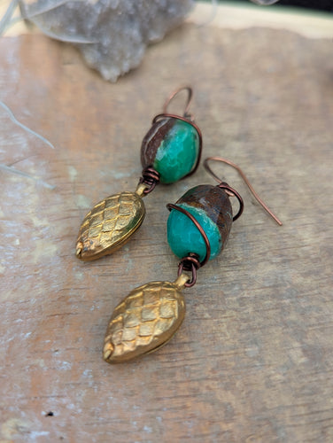 Chrysoprase and Pine Cone/Hops Earrings