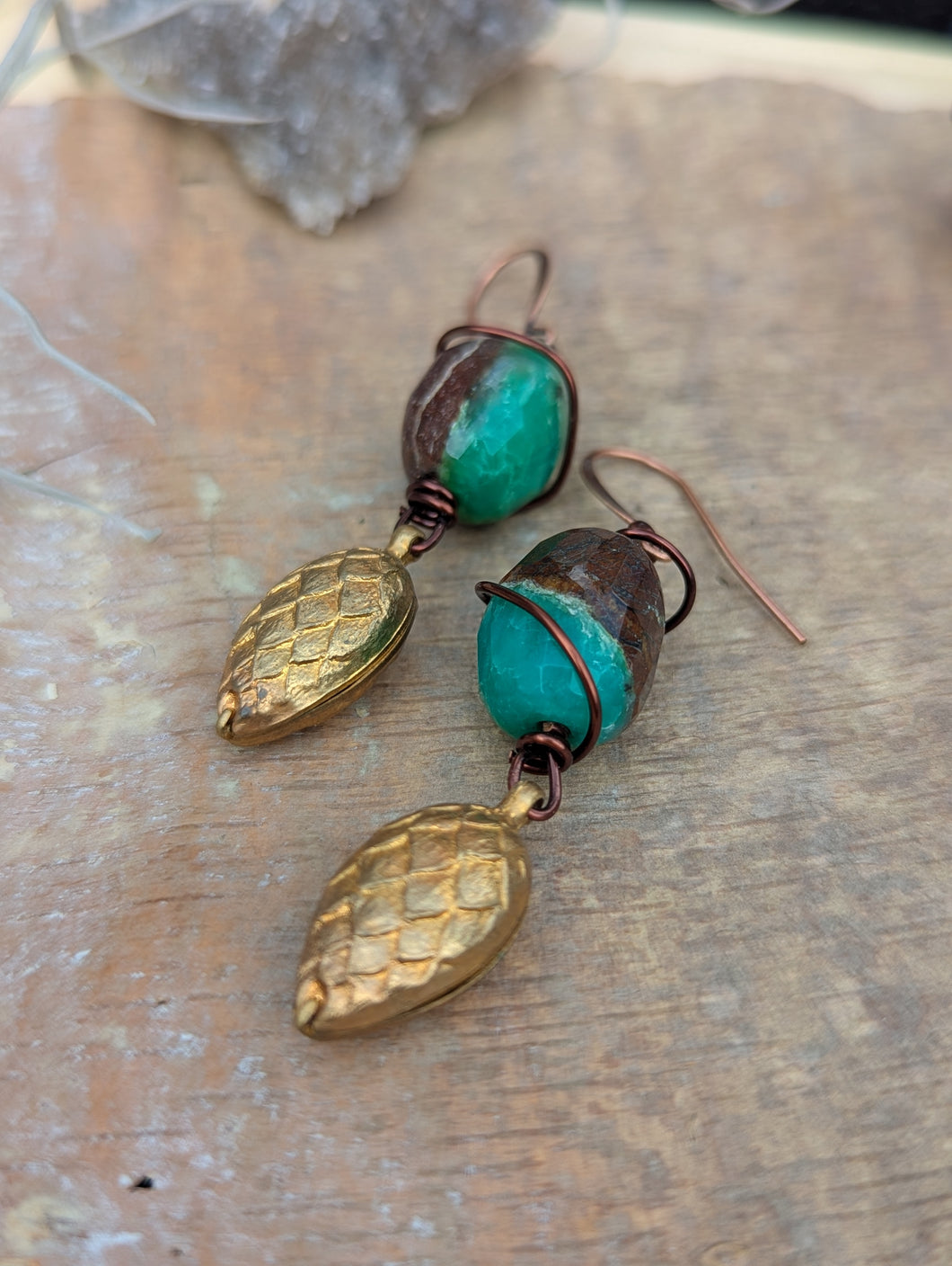 Chrysoprase and Pine Cone/Hops Earrings