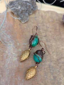 Chrysoprase and Pine Cone/Hops Earrings
