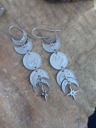 Silvertone Moon Phase Earrings - Silver Stars