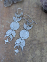 Load image into Gallery viewer, Silvertone Moon Phase Earrings - Silver Stars