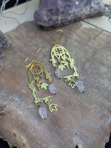 Gothic Window Earrings with Carved Quartz Leaves