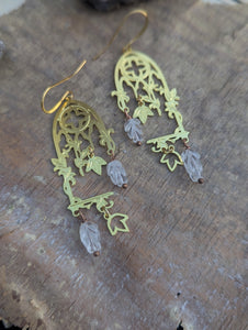 Gothic Window Earrings with Carved Quartz Leaves