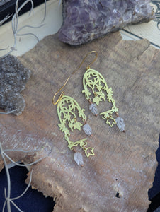Gothic Window Earrings with Carved Quartz Leaves