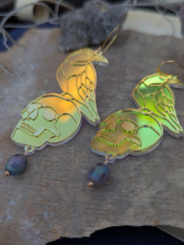 Iridescent Raven and Skull Earrings