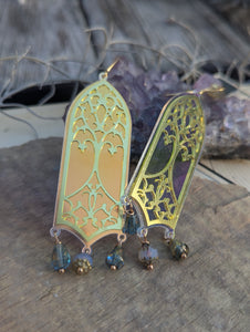 Iridescent Tree of Life Cathedral Window Earrings